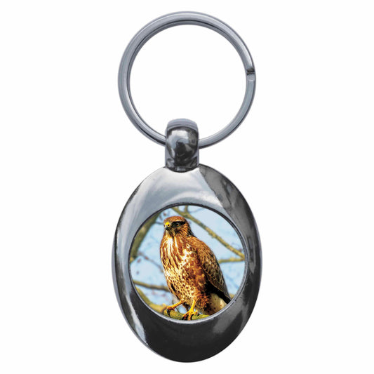 A picture of the front of the product, titled Buzzard Metal Keyring With Trolley Coin