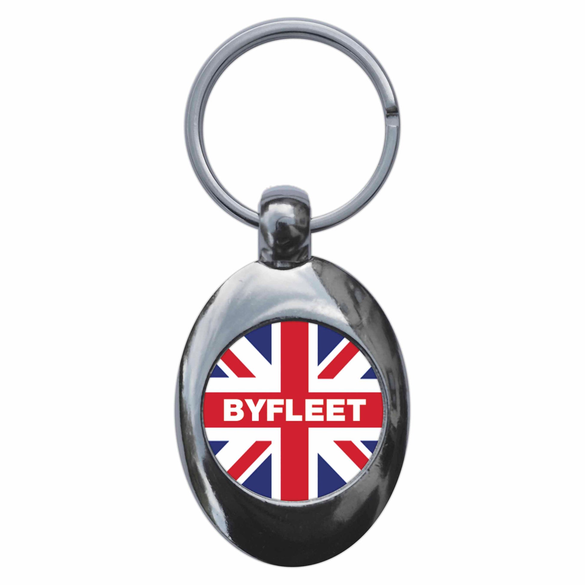 A picture of the front of the product, titled Byfleet Union Jack Metal Keyring With Trolley Coin