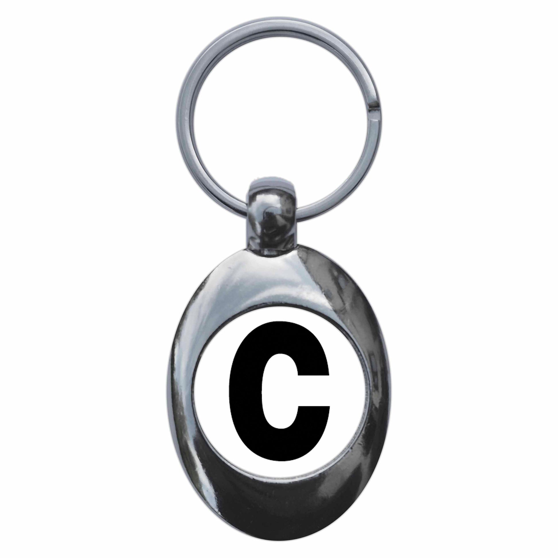 A picture of the front of the product, titled Letter C Metal Keyring With Trolley Coin