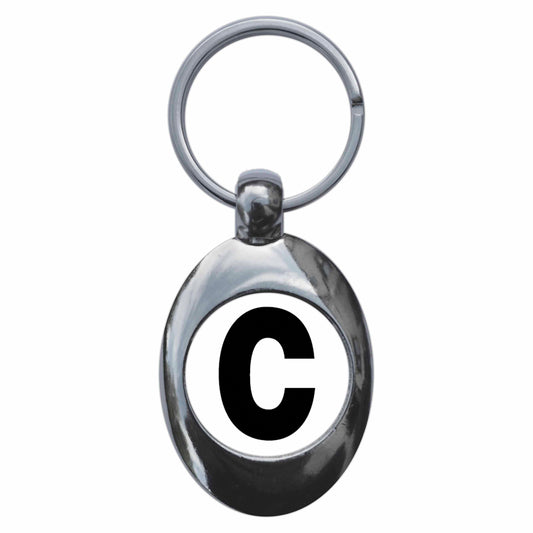 A picture of the front of the product, titled Letter C Metal Keyring With Trolley Coin