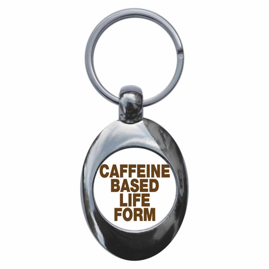 A picture of the front of the product, titled Caffeine Based Life Form Coffee Metal Keyring With Trolley Coin