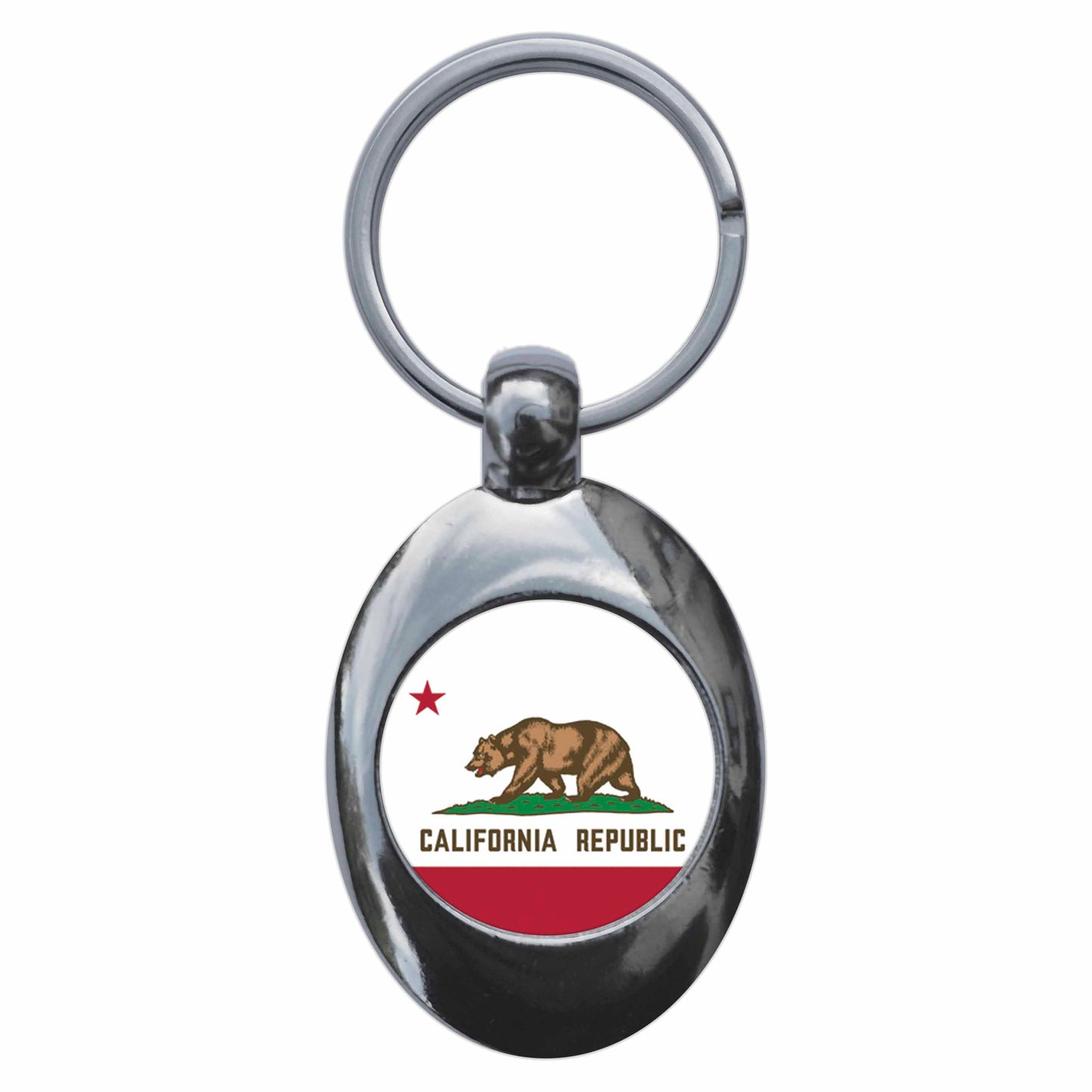 A picture of the front of the product, titled California Californian State Flag Metal Keyring With Trolley Coin