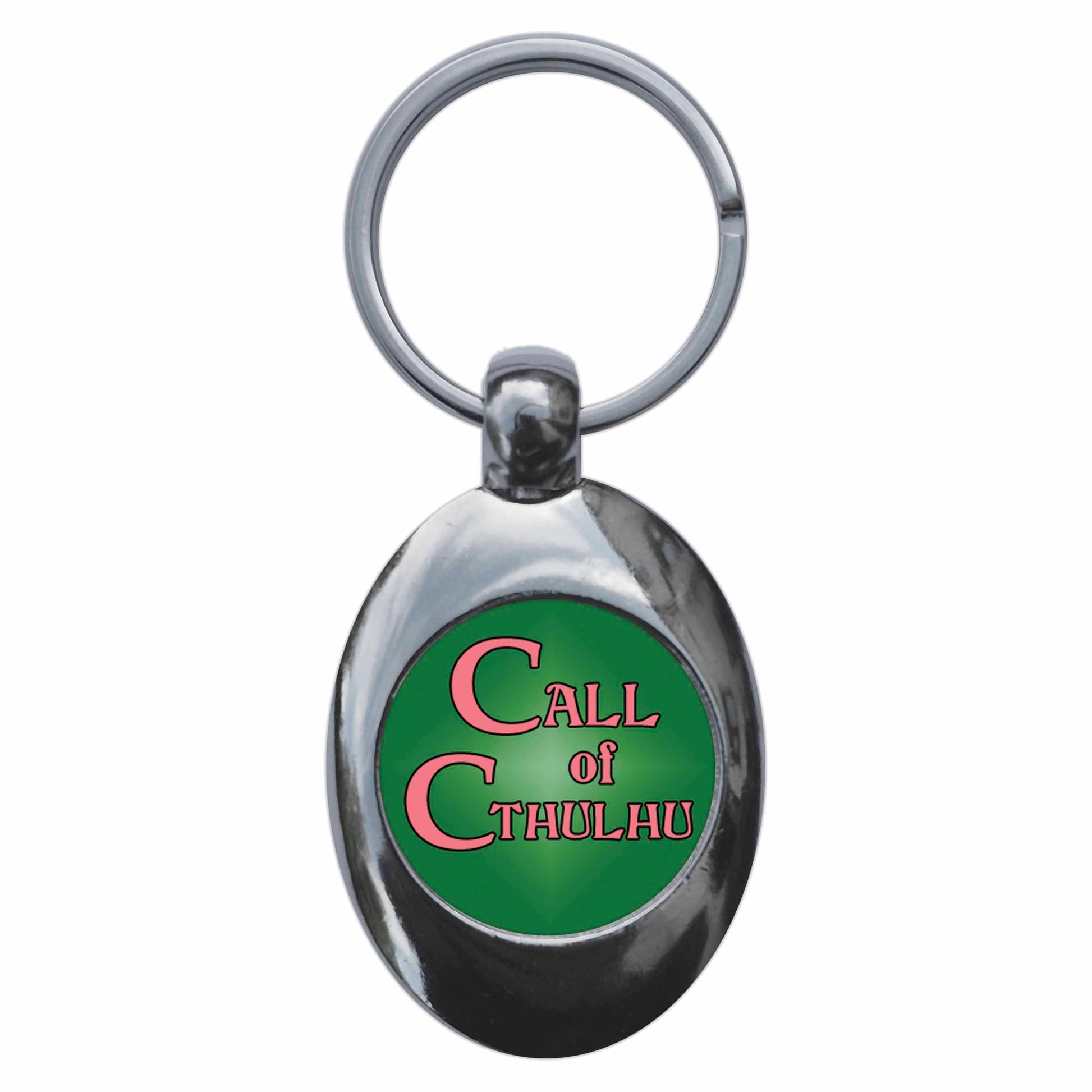 A picture of the front of the product, titled Call Of Cthulhu Metal Keyring With Trolley Coin