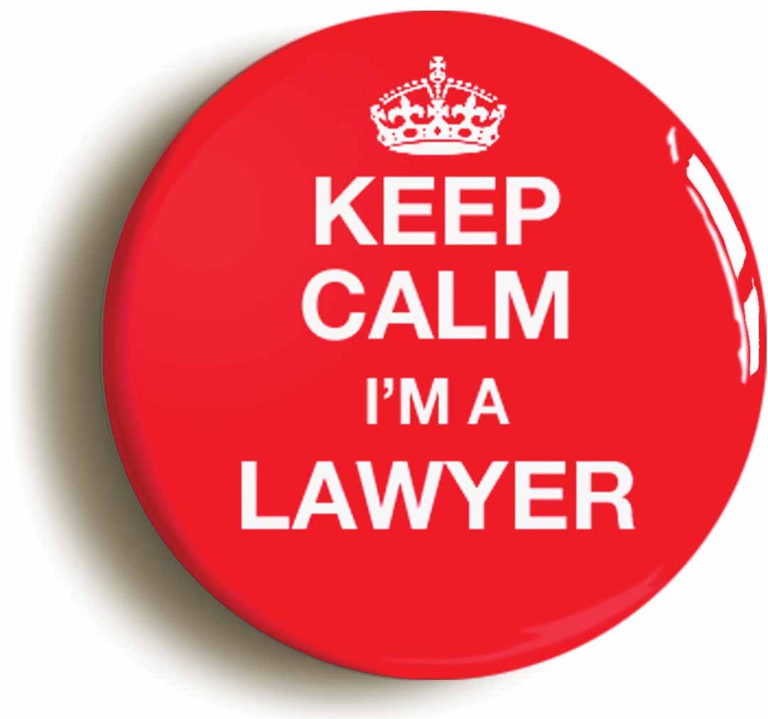 A picture of the front of the product, titled Keep Calm I'm A Lawyer Funny Barrister Button Pin Badge