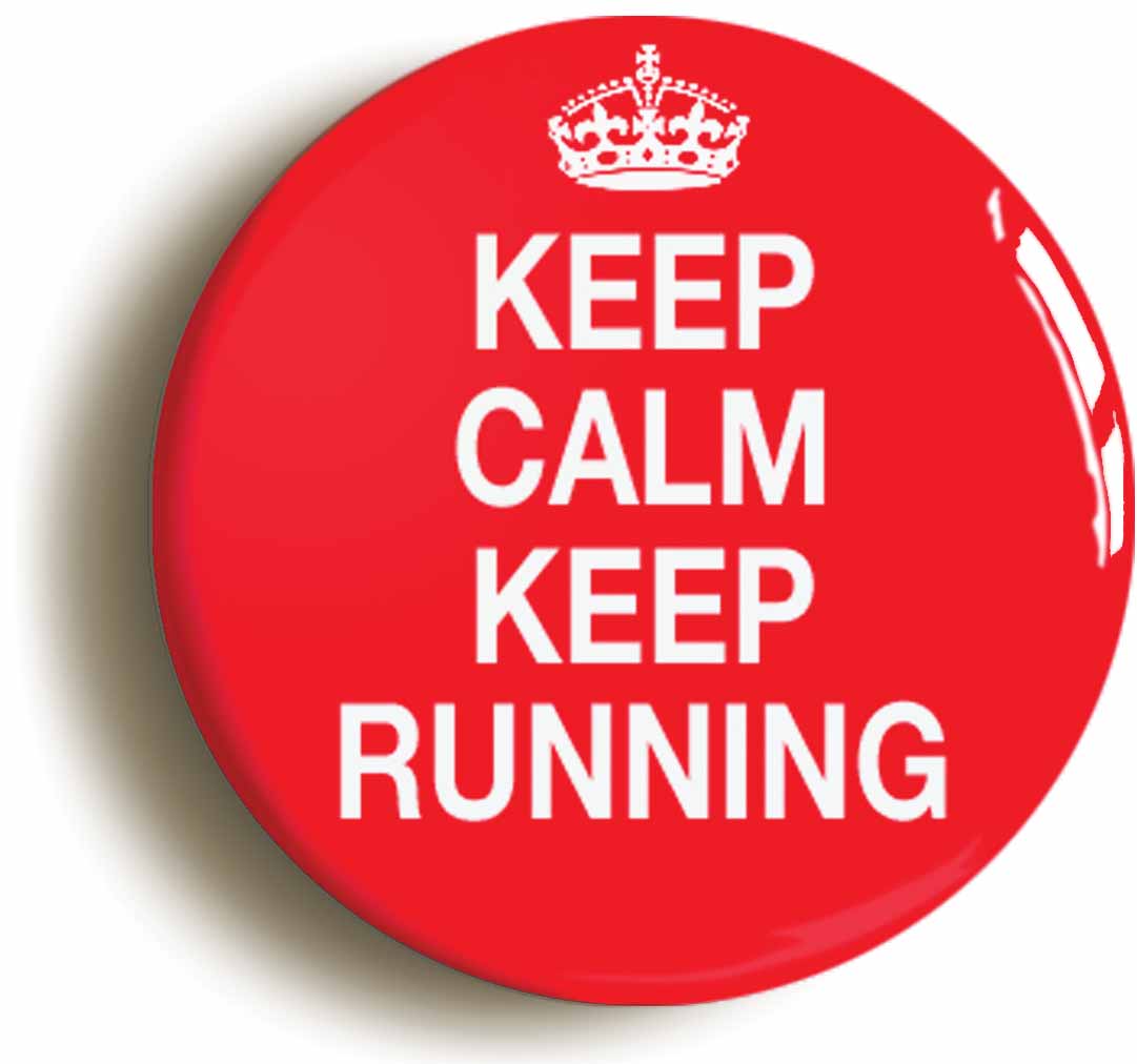 A picture of the front of the product, titled Keep Calm Keep Running Jogging Button Pin Badge