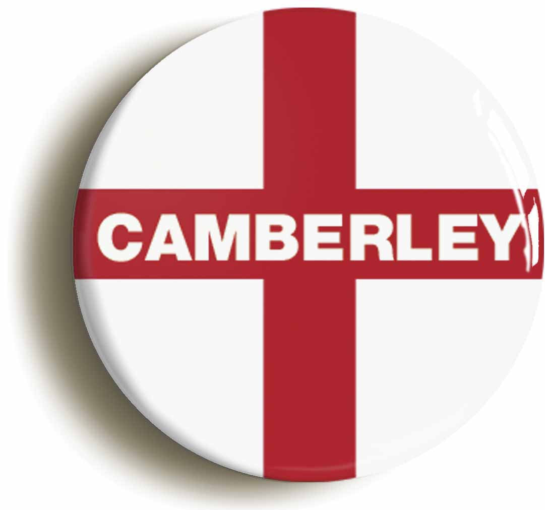 A picture of the front of the product, titled Camberley England Flag Circular 50mm Fridge Magnet