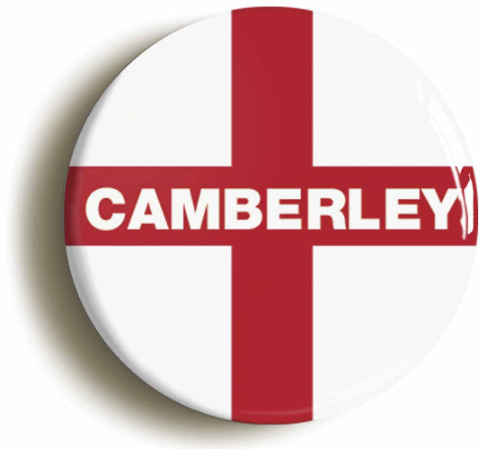 A picture of the front of the product, titled Camberley England Flag Circular 50mm Fridge Magnet