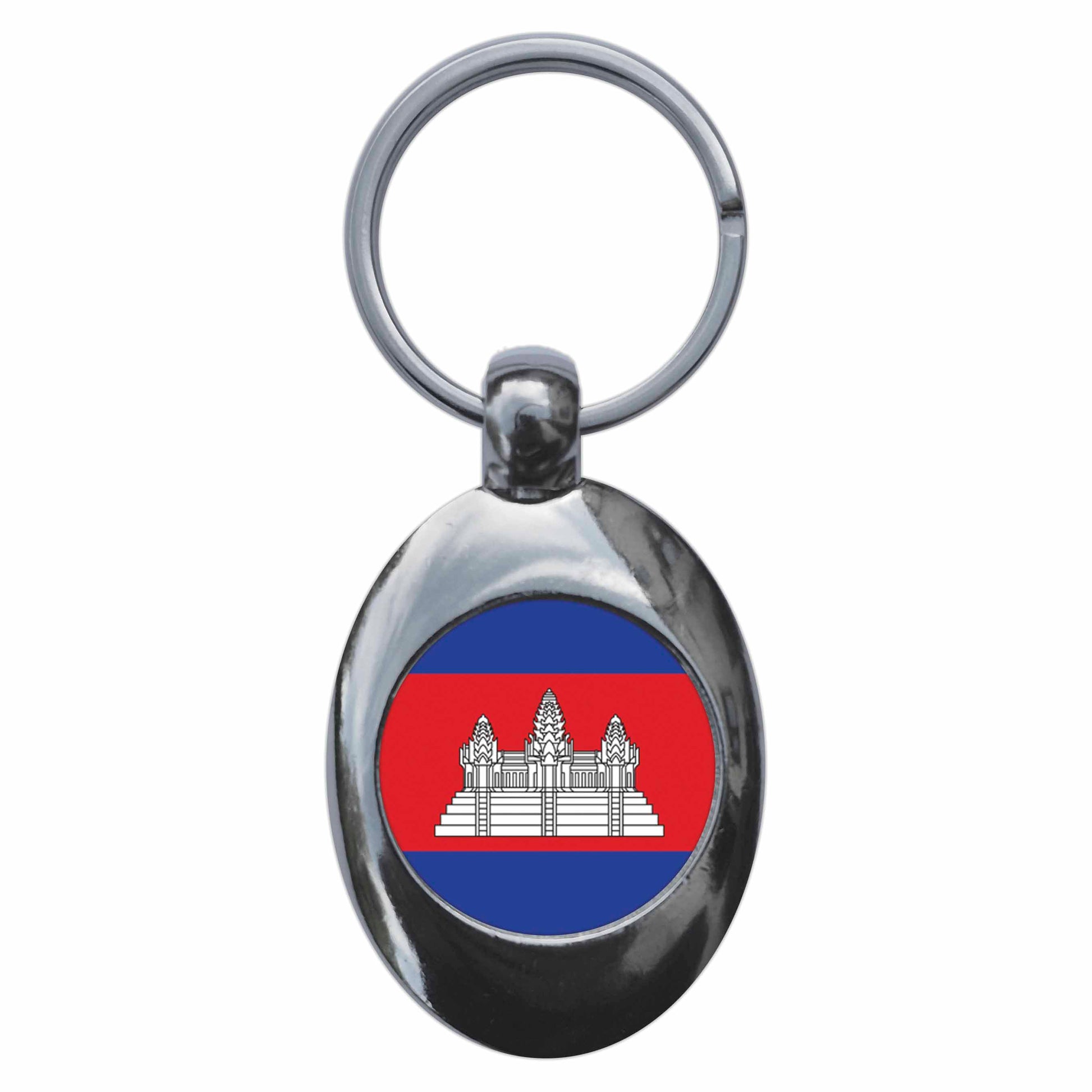 A picture of the front of the product, titled Cambodia Cambodian National Flag Metal Keyring With Trolley Coin