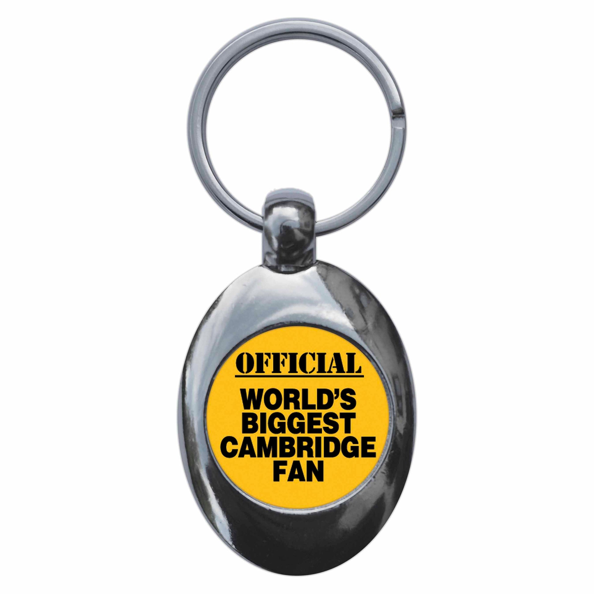A picture of the front of the product, titled World's Biggest Cambridge Fan Metal Keyring With Trolley Coin