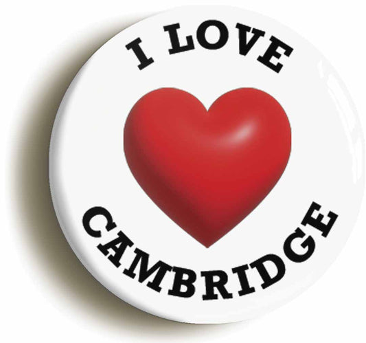 A picture of the front of the product, titled I Heart Love Cambridge Location Button Pin Badge
