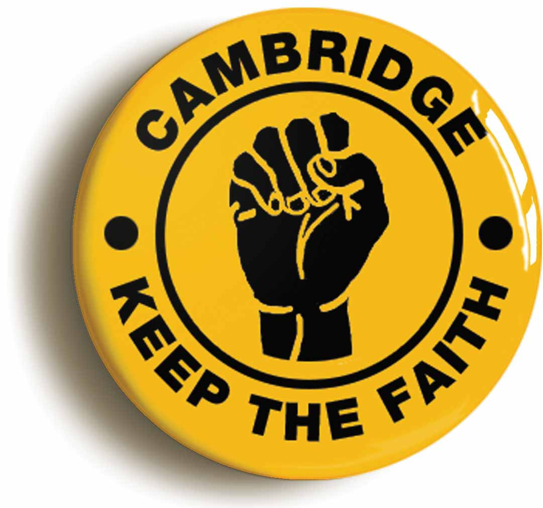A picture of the front of the product, titled Cambridge Keep The Faith Northern Soul Button Pin Badge