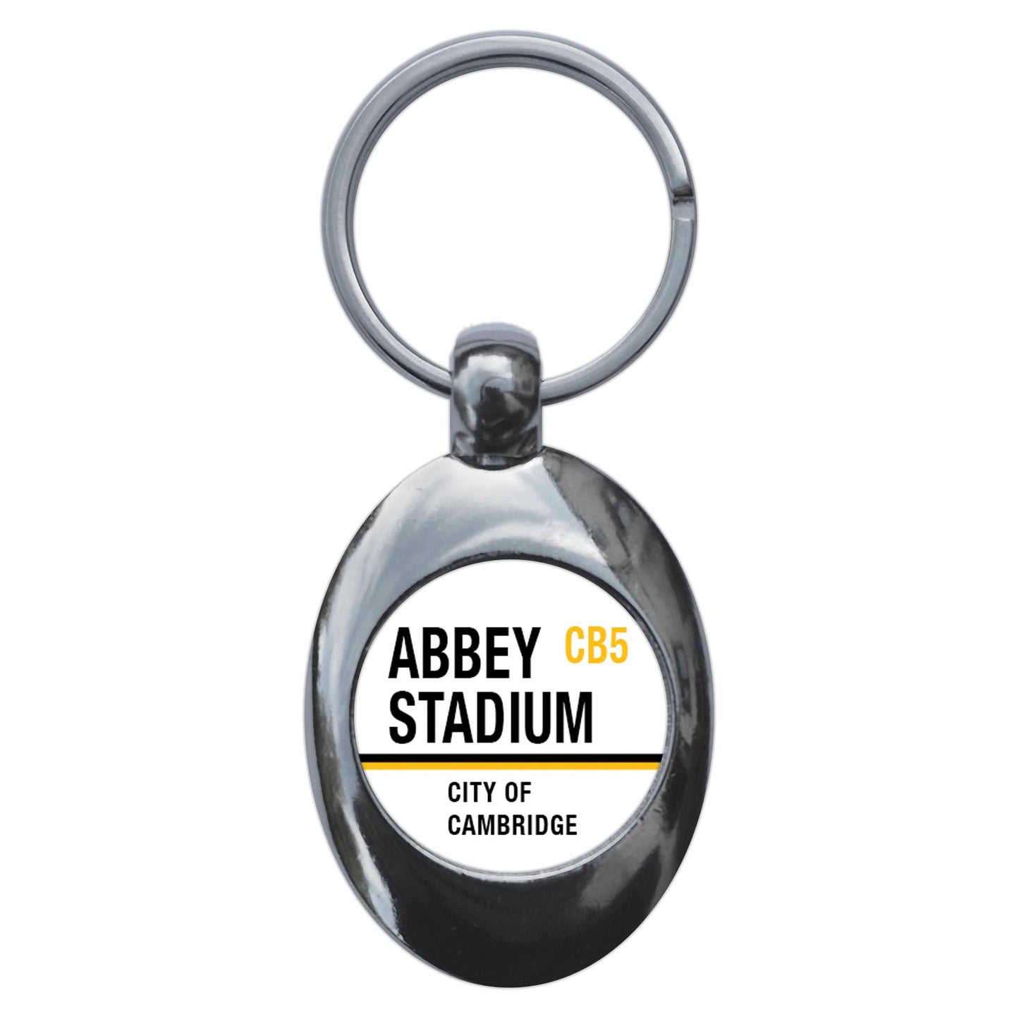A picture of the front of the product, titled Abbey Stadium CB5 Cambridge Road Sign Metal Keyring With Trolley Coin