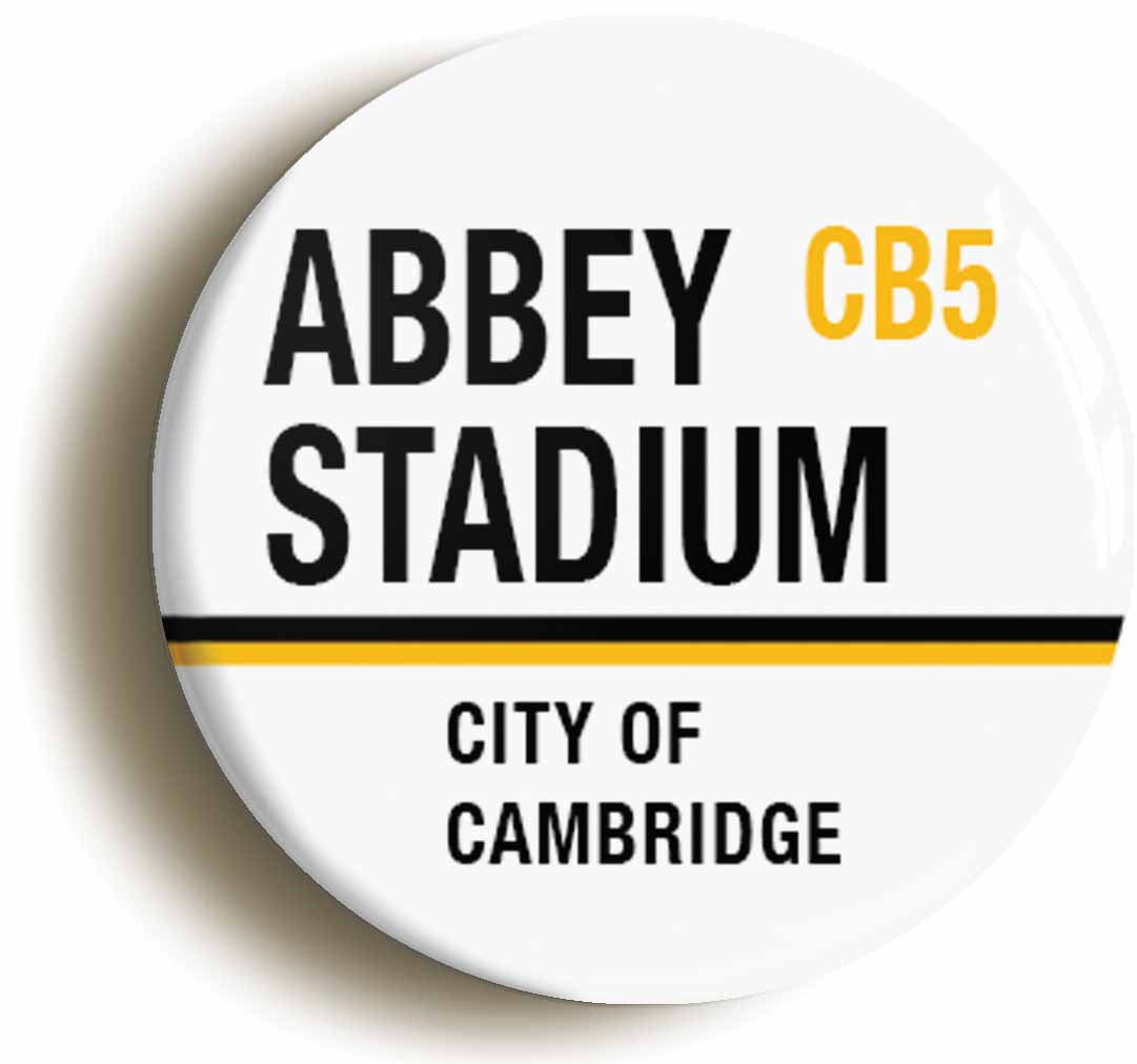 A picture of the front of the product, titled Abbey Stadium CB5 Cambridge Road Sign Circular 50mm Fridge Magnet