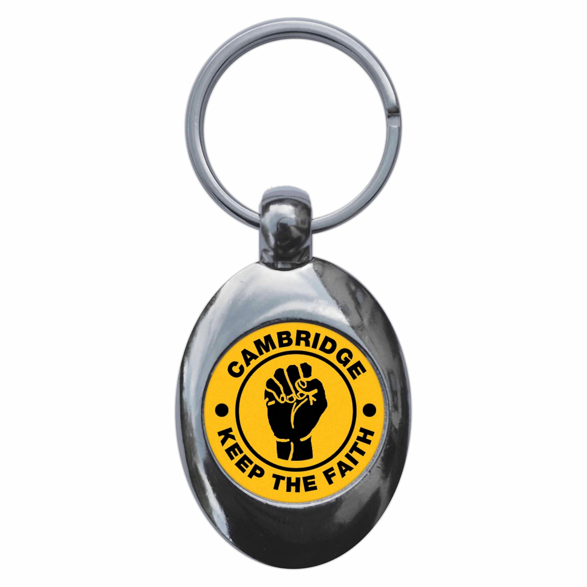 A picture of the front of the product, titled Cambridge Keep The Faith Northern Soul Metal Keyring With Trolley Coin