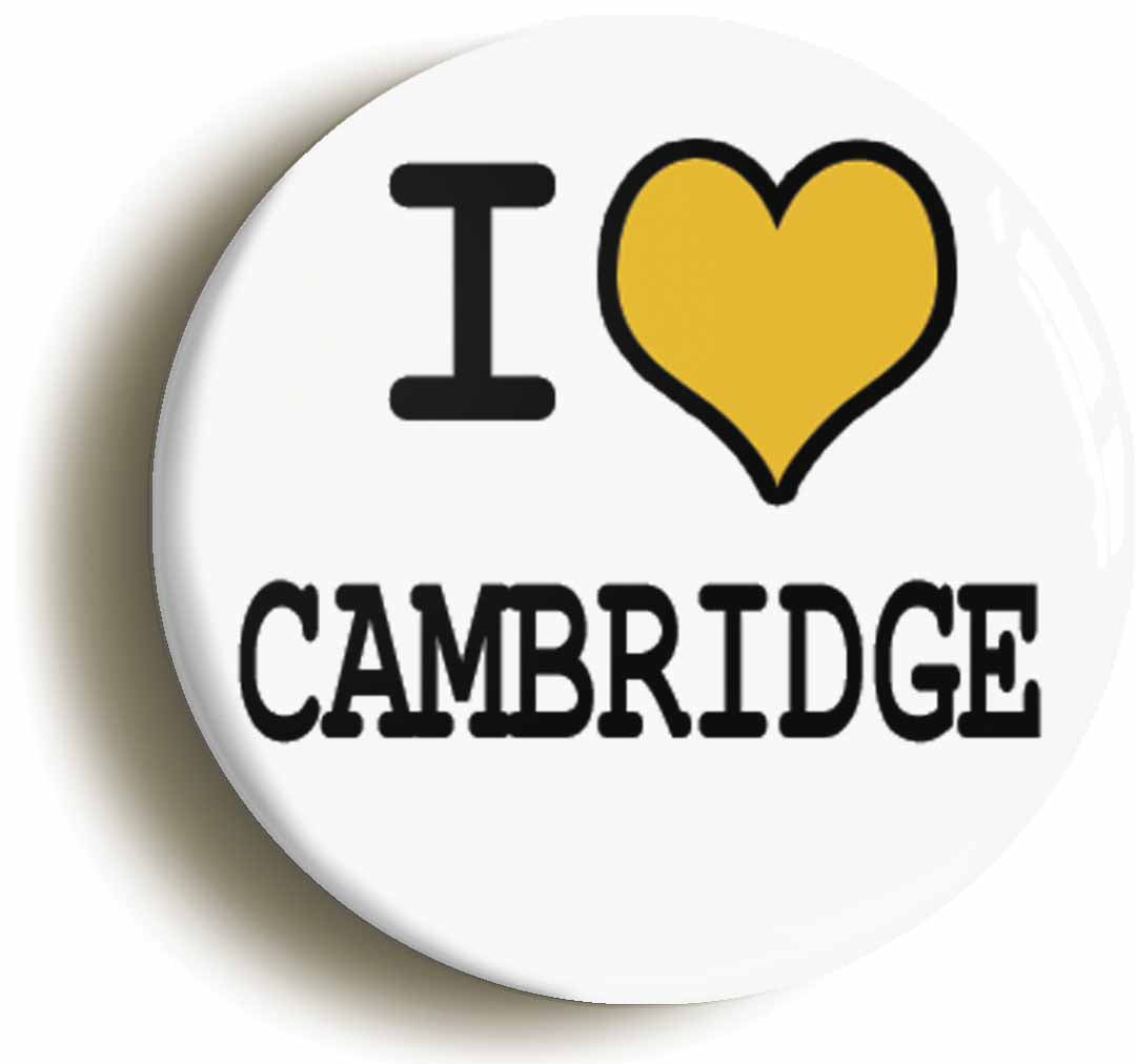 A picture of the front of the product, titled I Heart Love Cambridge Circular 50mm Fridge Magnet