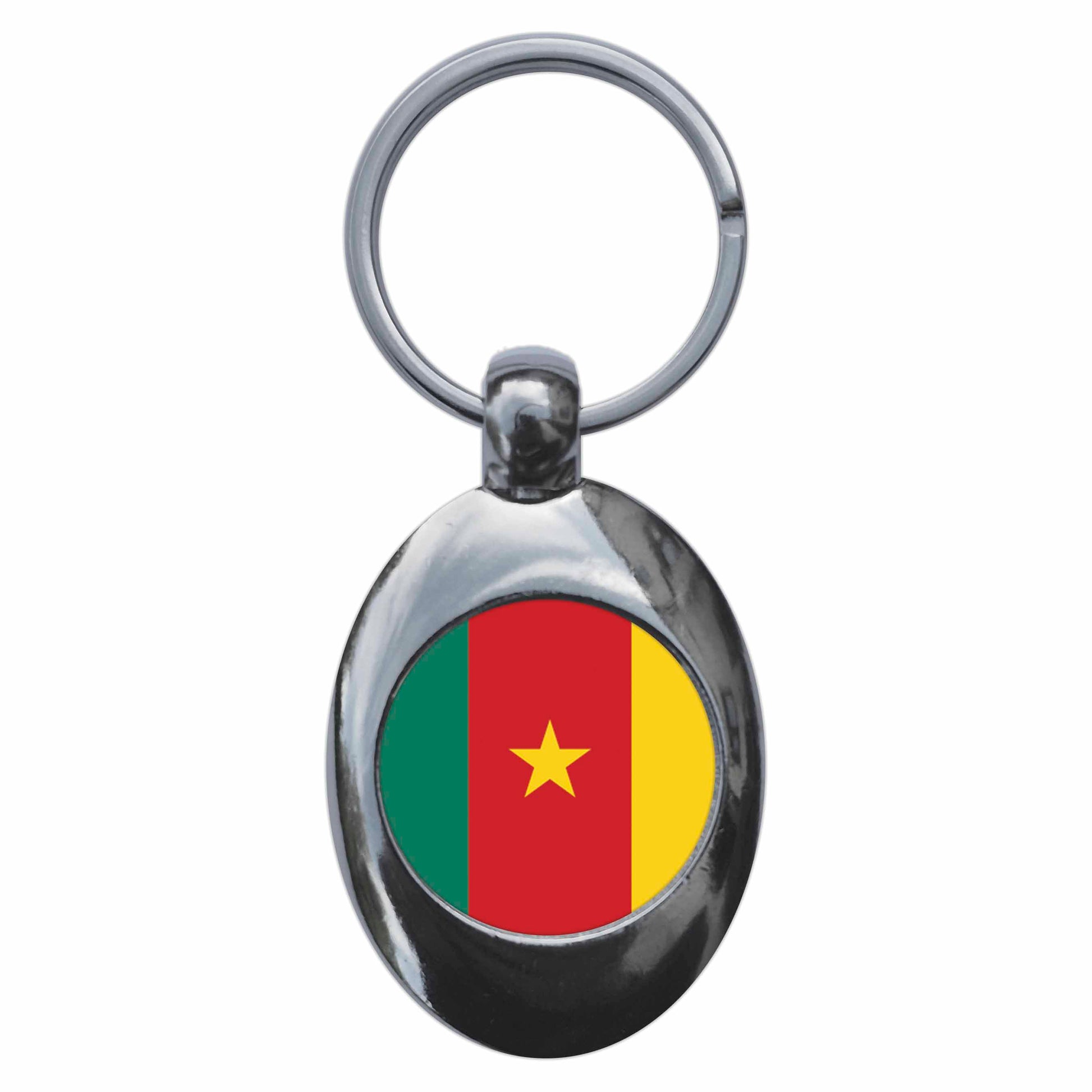 A picture of the front of the product, titled Cameroon Cameroonian National Flag Metal Keyring With Trolley Coin