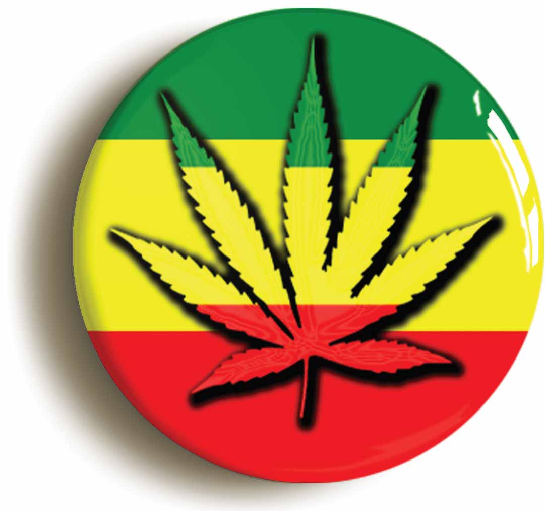 A picture of the front of the product, titled Reggae Leaf Rasta Colour Button Pin Badge