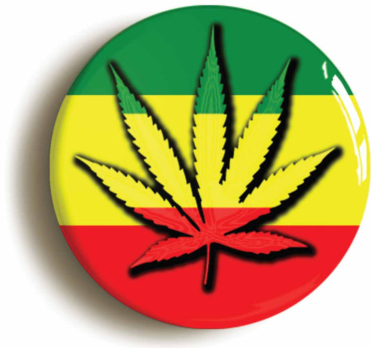 A picture of the front of the product, titled Reggae Leaf Rasta Colour Button Pin Badge