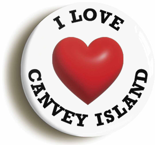 A picture of the front of the product, titled I Heart Love Canvey Island Location Circular 50mm Fridge Magnet
