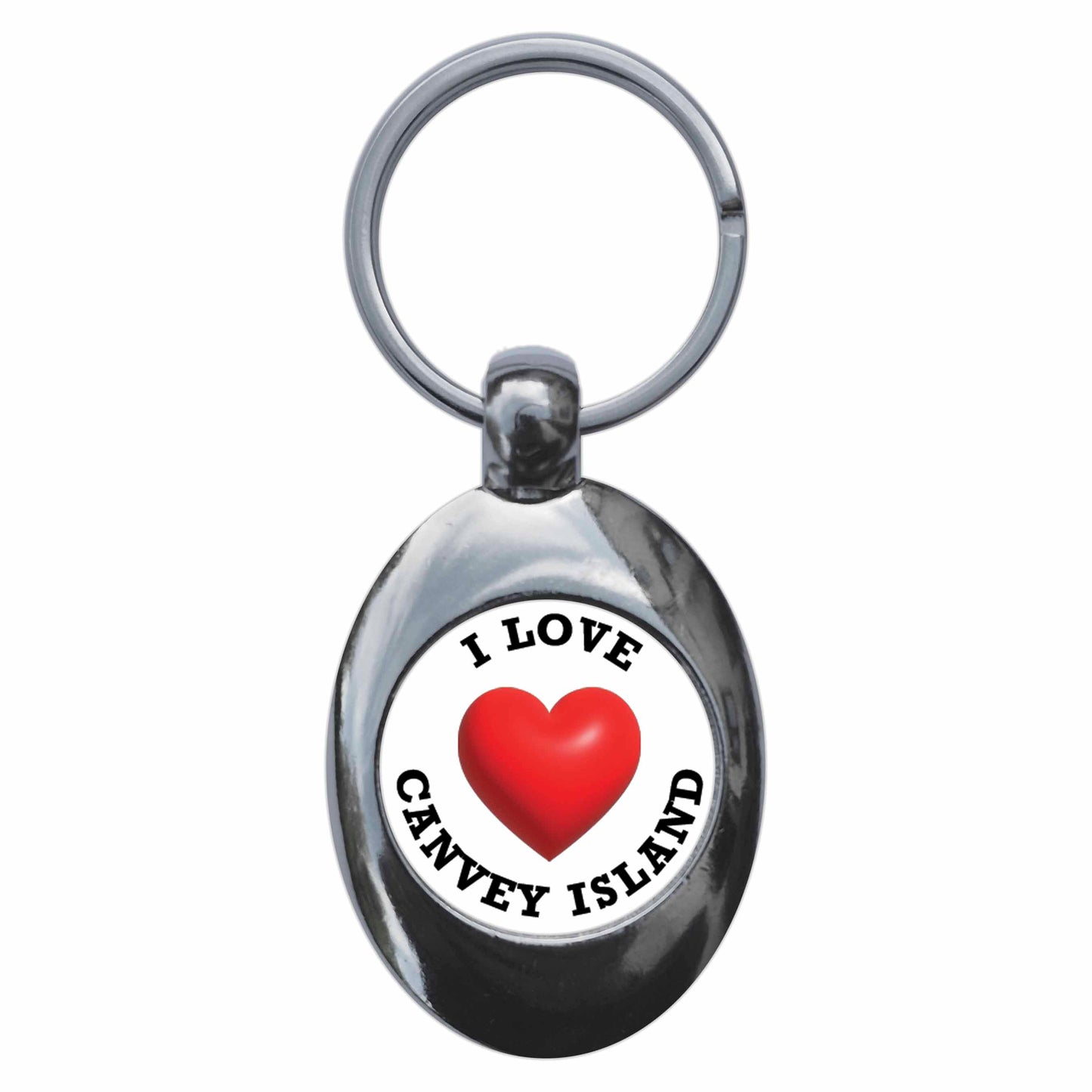 A picture of the front of the product, titled I Heart Love Canvey Island Metal Keyring With Trolley Coin