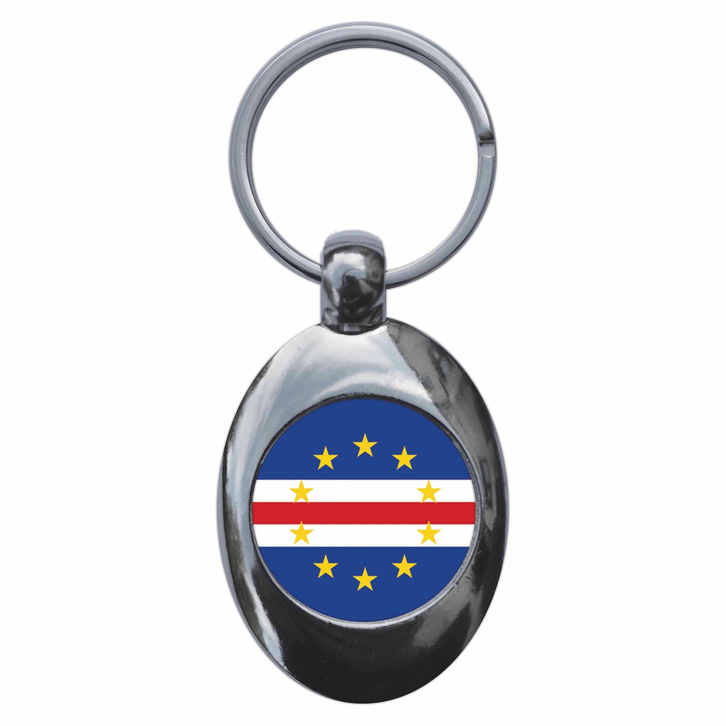 A picture of the front of the product, titled Cape Verde Verdean National Flag Metal Keyring With Trolley Coin