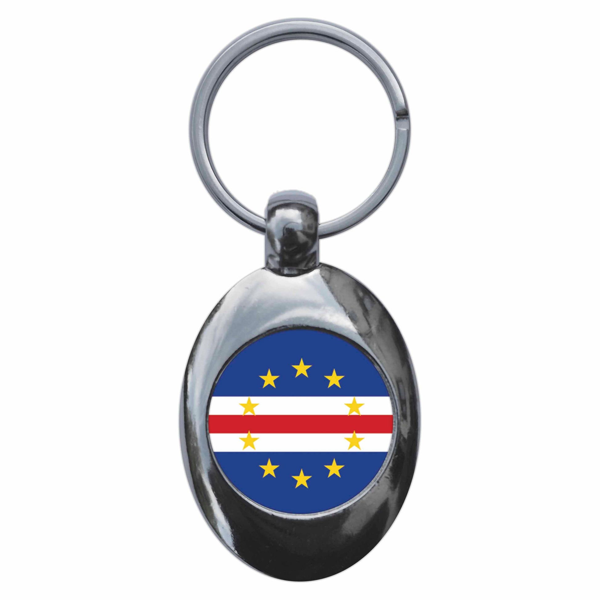 A picture of the front of the product, titled Cape Verde Verdean National Flag Metal Keyring With Trolley Coin