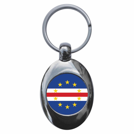 A picture of the front of the product, titled Cape Verde Verdean National Flag Metal Keyring With Trolley Coin