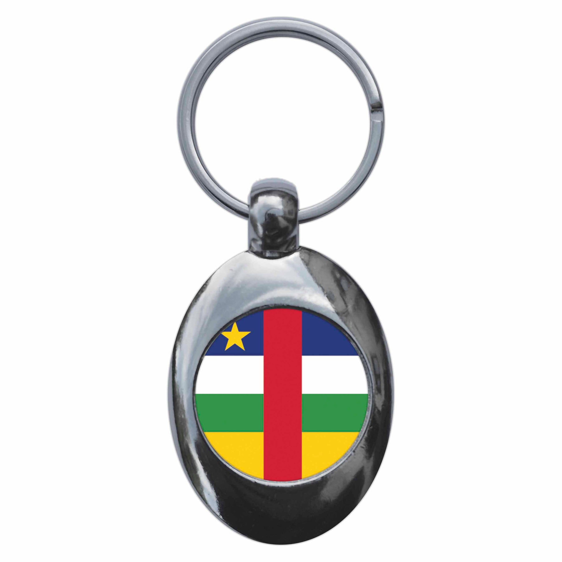A picture of the front of the product, titled Central African Republic National Flag Metal Keyring With Trolley Coin