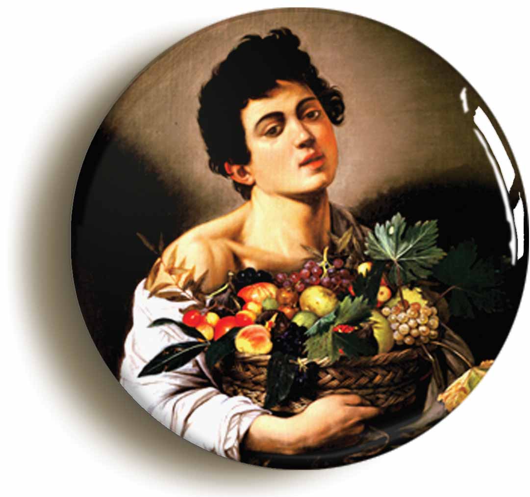 A picture of the front of the product, titled Caravaggio Boy With Fruit Button Pin Badge
