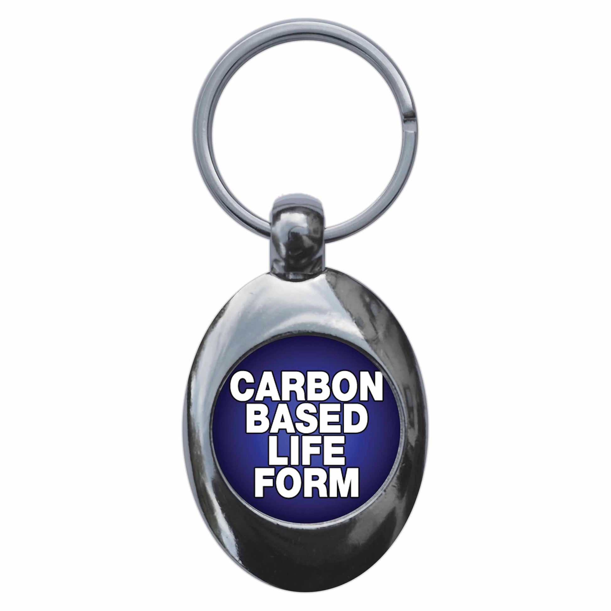 A picture of the front of the product, titled Carbon Based Life Form Metal Keyring With Trolley Coin