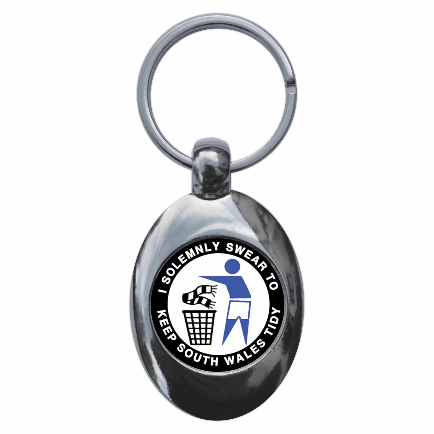 A picture of the front of the product, titled I Solemnly Swear To Keep South Wales Tidy - C Metal Keyring With Trolley Coin