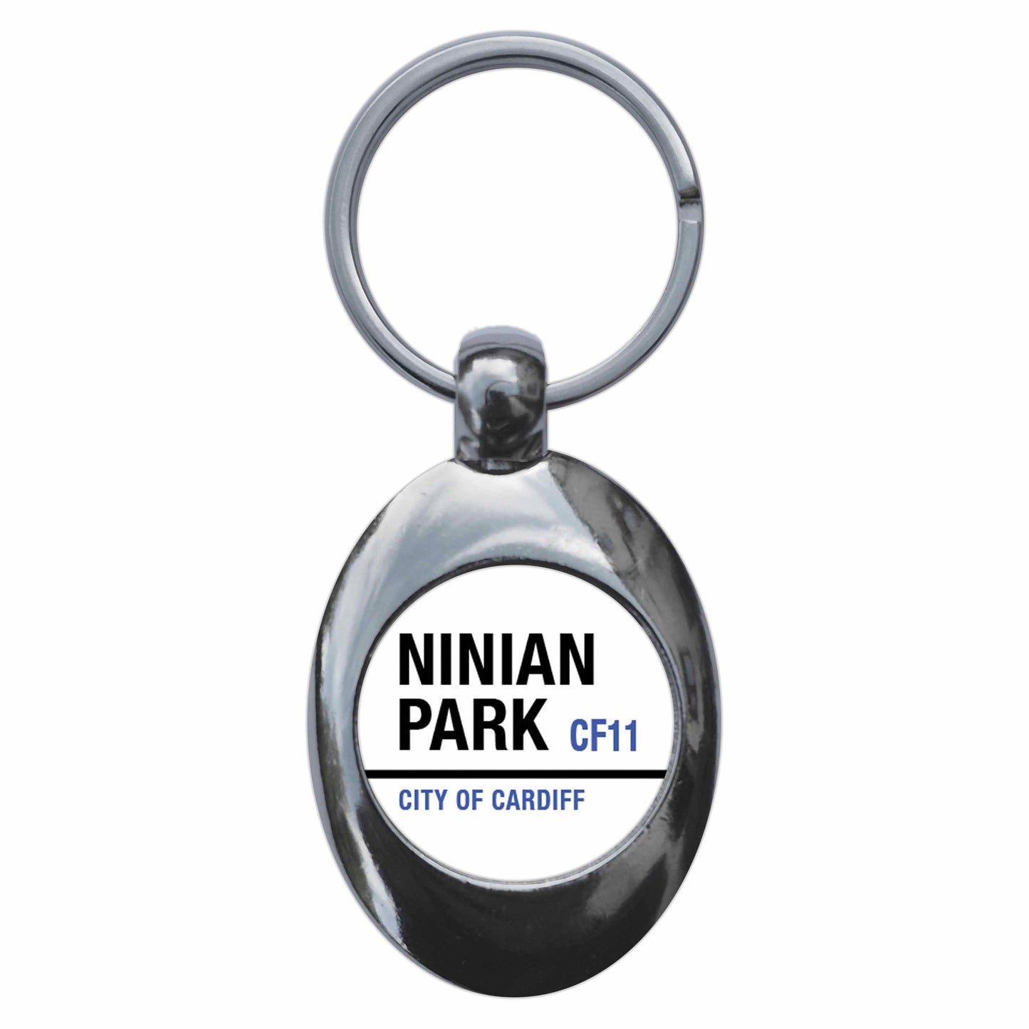A picture of the front of the product, titled Ninian Park CF11 City Of Cardiff Road Sign Metal Keyring With Trolley Coin