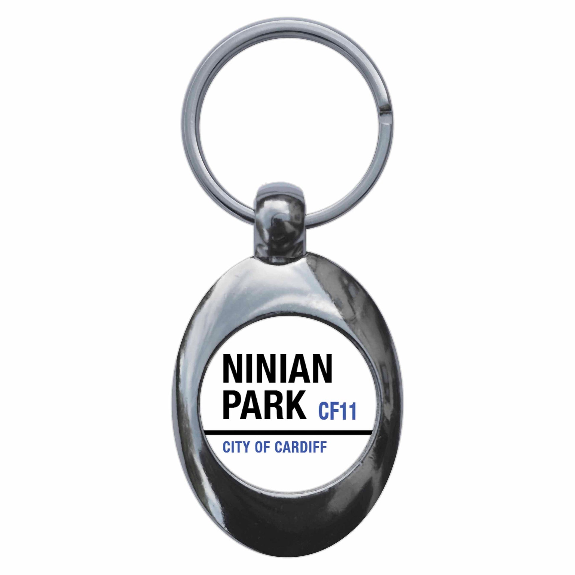 A picture of the front of the product, titled Ninian Park CF11 City Of Cardiff Road Sign Metal Keyring With Trolley Coin