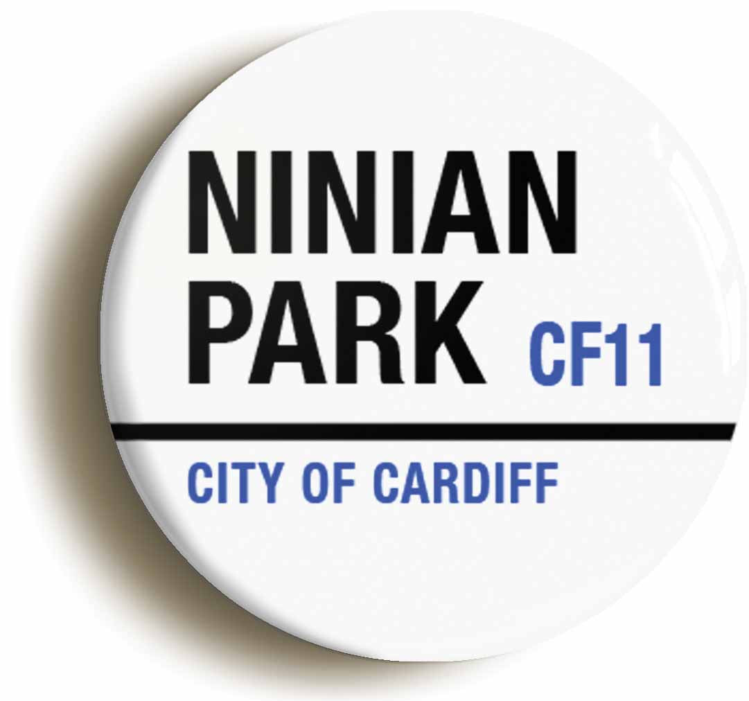 A picture of the front of the product, titled Ninian Park CF11 City Of Cardiff Road Sign Circular 50mm Fridge Magnet