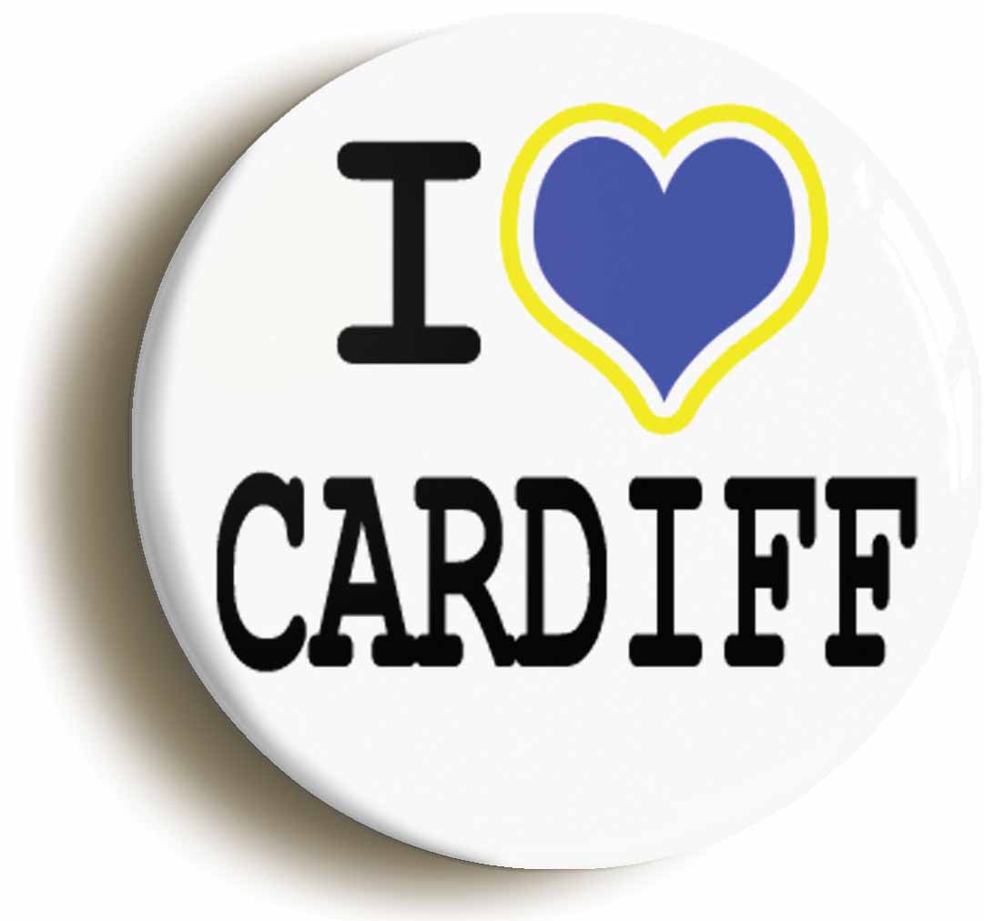 A picture of the front of the product, titled I Heart Love Cardiff Button Pin Badge