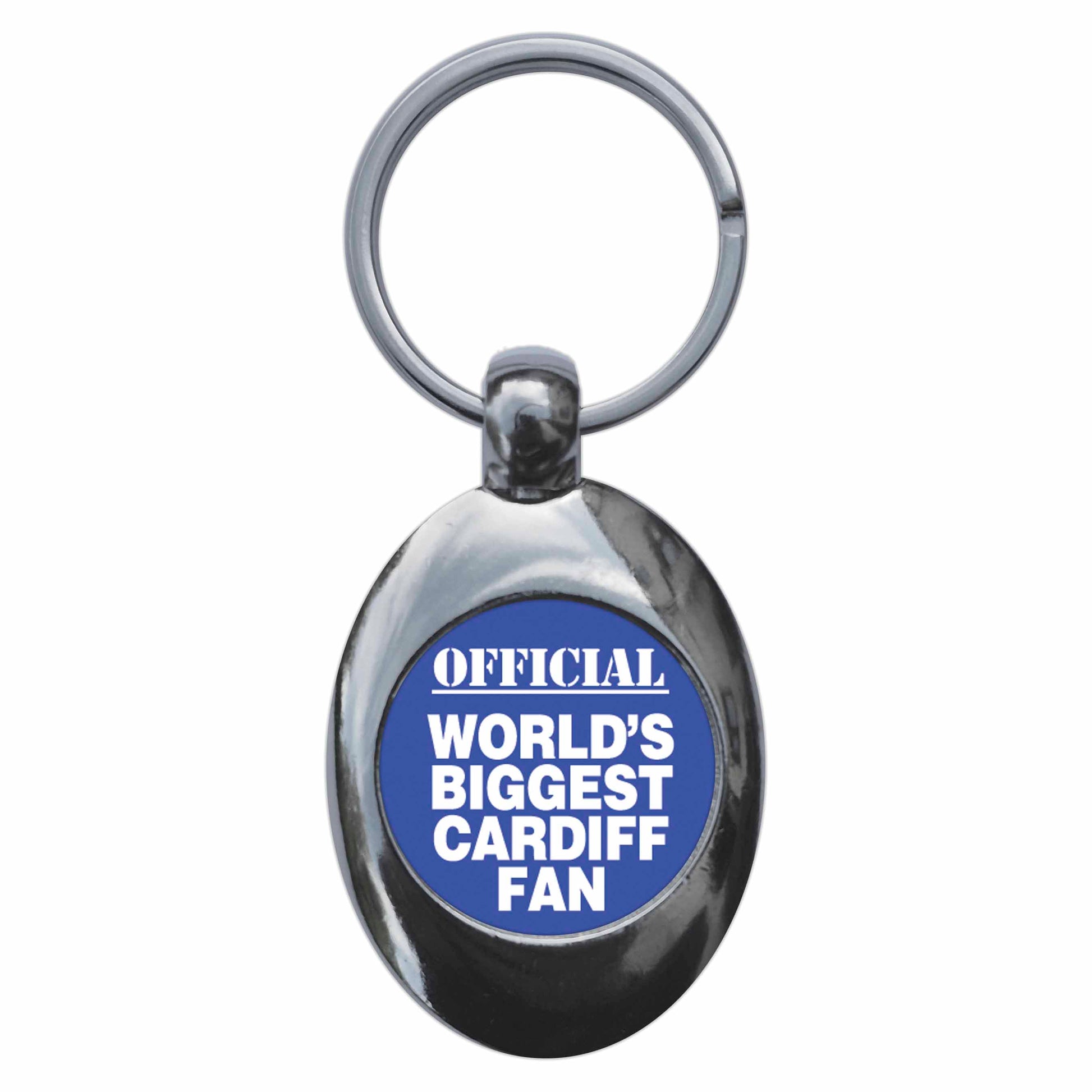 A picture of the front of the product, titled World's Biggest Cardiff Fan Metal Keyring With Trolley Coin