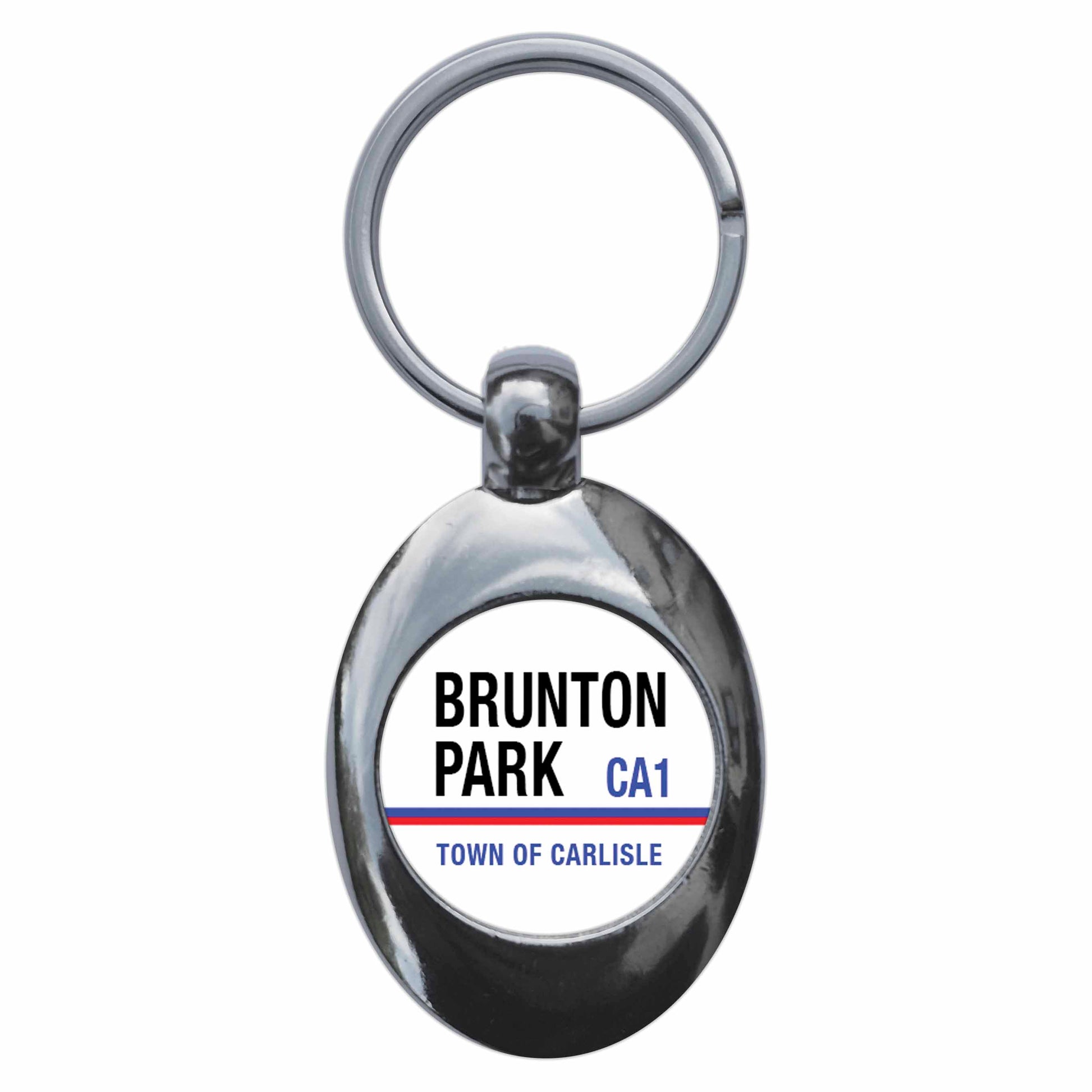 A picture of the front of the product, titled Brunton Park CA1 Carlisle Road Sign Metal Keyring With Trolley Coin