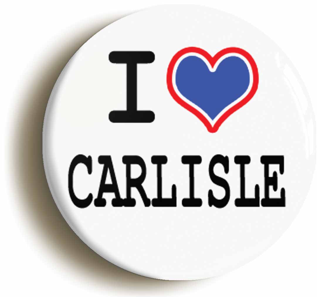 A picture of the front of the product, titled I Heart Love Carlisle Button Pin Badge