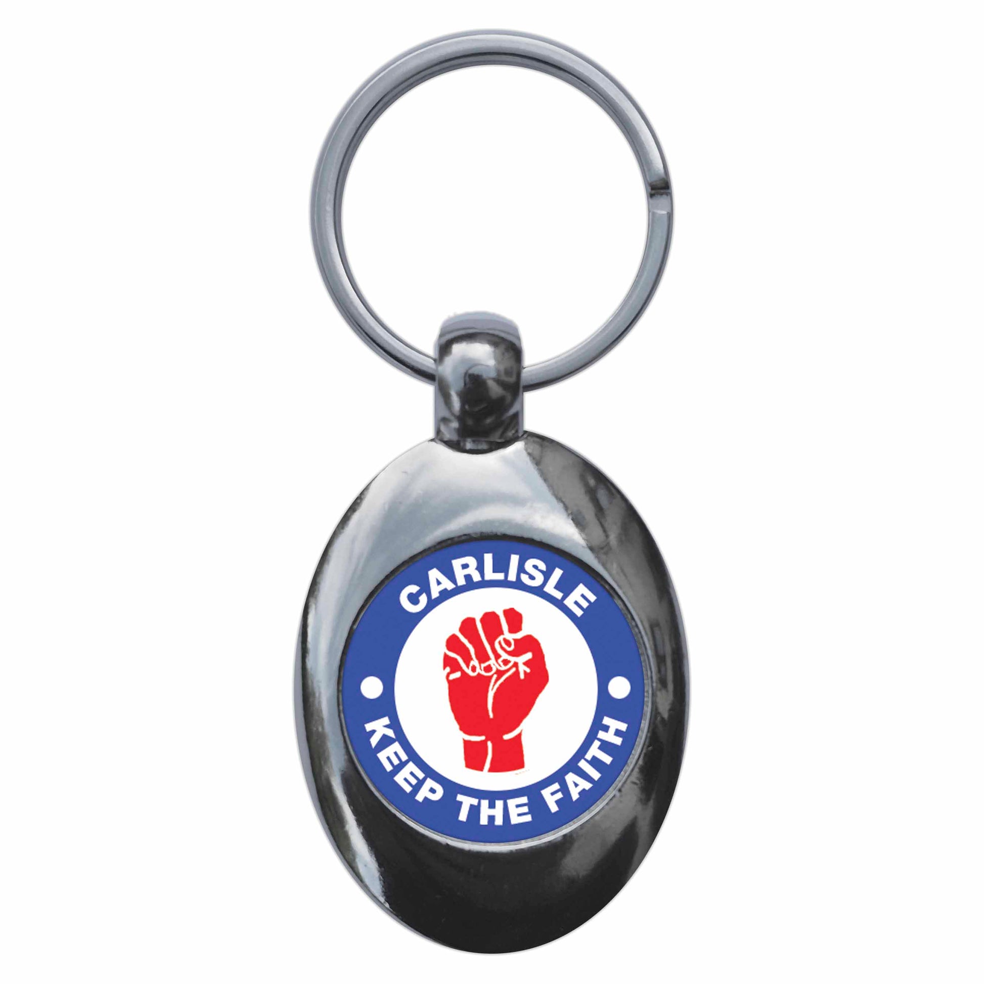 A picture of the front of the product, titled Carlisle Keep The Faith Northern Soul Metal Keyring With Trolley Coin