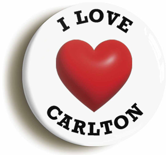 A picture of the front of the product, titled I Heart Love Carlton Location Button Pin Badge