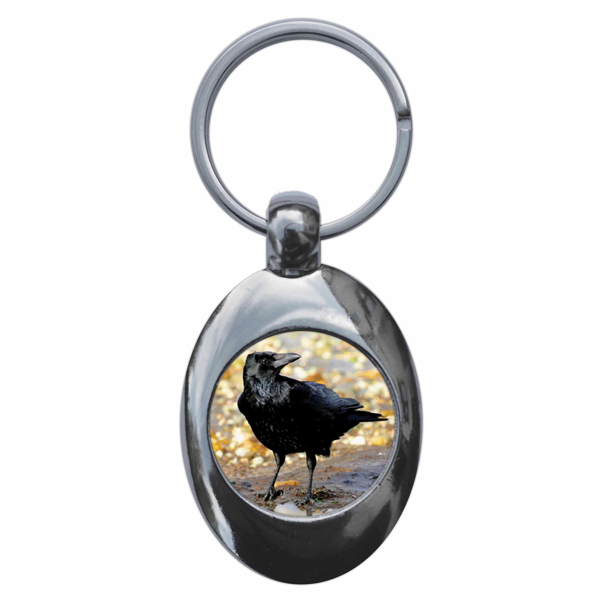 A picture of the front of the product, titled Carrion Crow Metal Keyring With Trolley Coin
