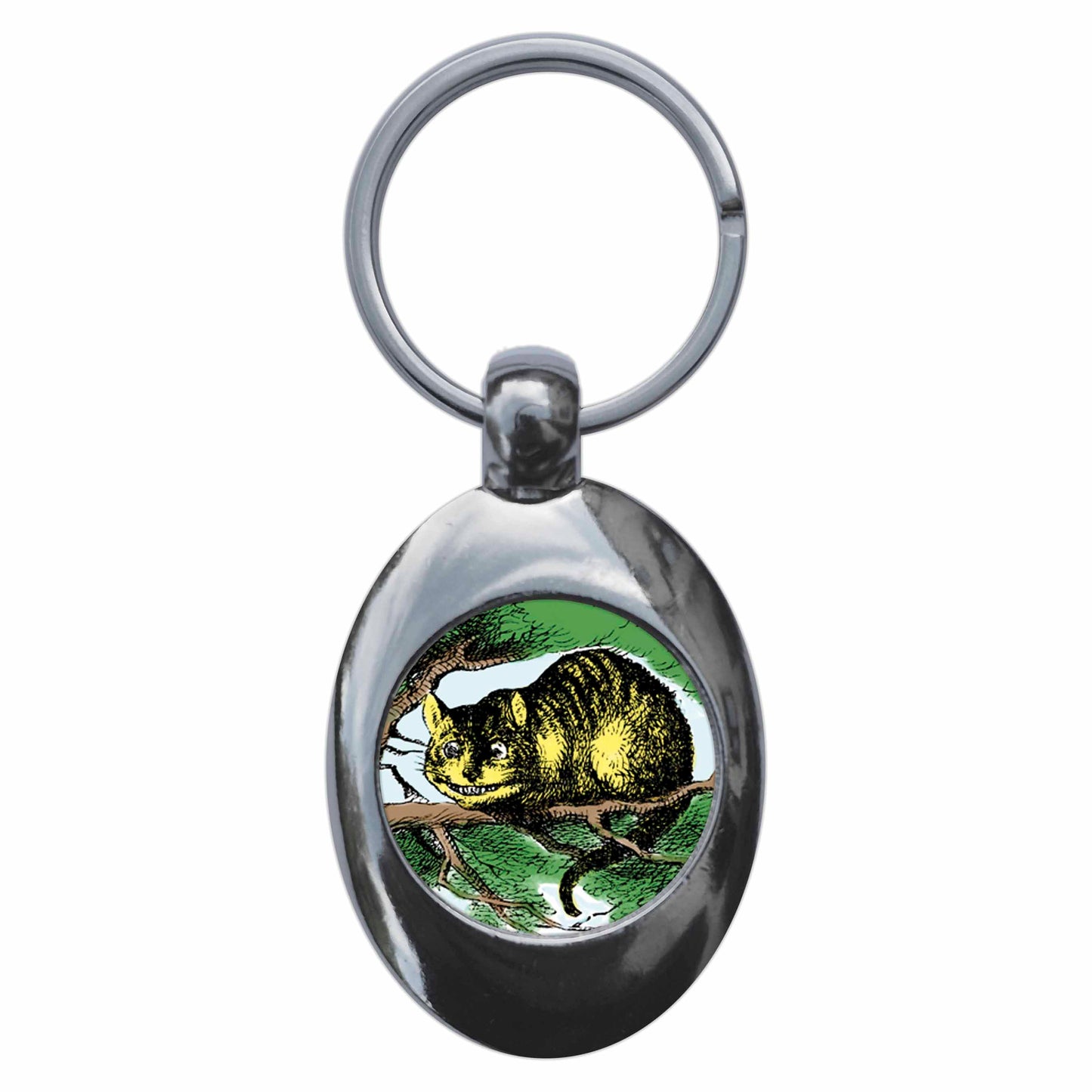 A picture of the front of the product, titled Cheshire Cat Alice In Wonderland Metal Keyring With Trolley Coin