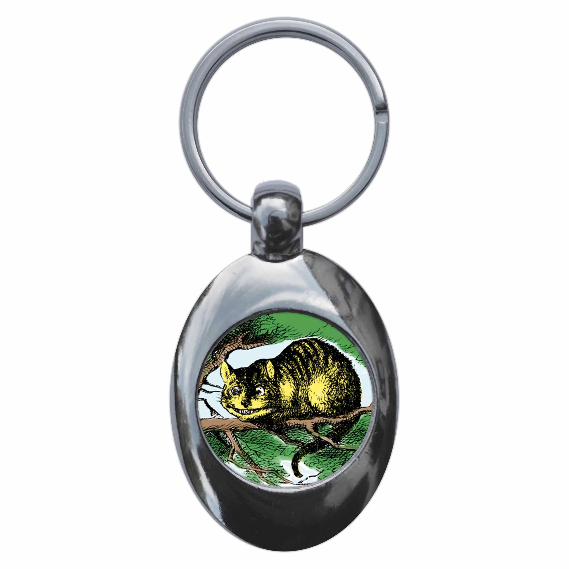 A picture of the front of the product, titled Cheshire Cat Alice In Wonderland Metal Keyring With Trolley Coin