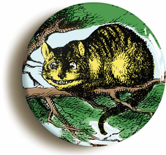 A picture of the front of the product, titled Cheshire Cat Alice In Wonderland Circular 50mm Fridge Magnet