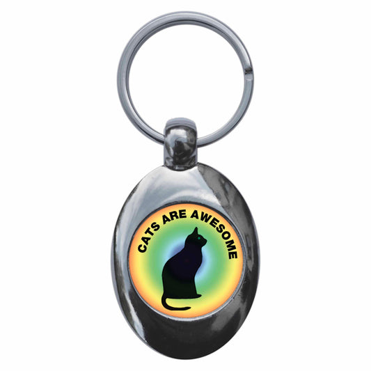A picture of the front of the product, titled Cats Are Awesome Metal Keyring With Trolley Coin