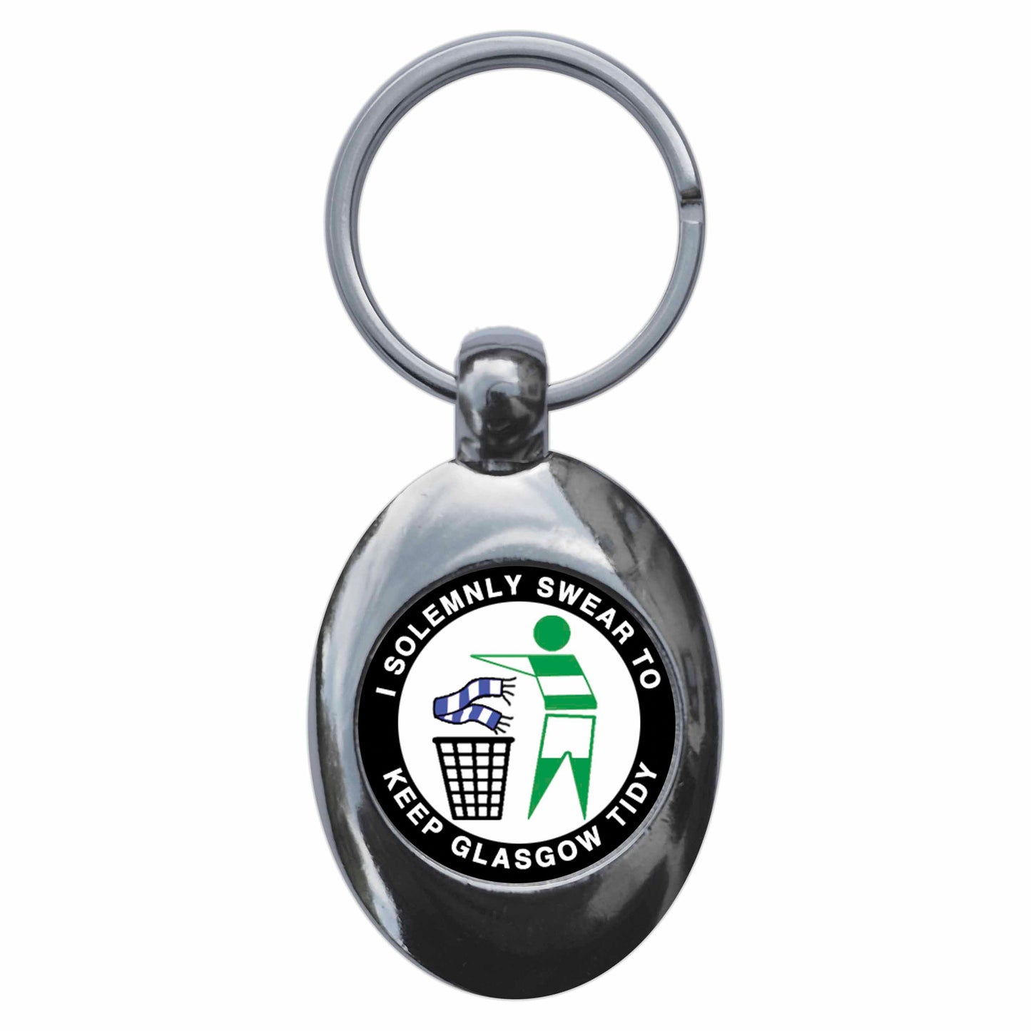 A picture of the front of the product, titled I Solemnly Swear To Keep Glasgow Tidy - C Metal Keyring With Trolley Coin