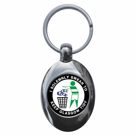 A picture of the front of the product, titled I Solemnly Swear To Keep Glasgow Tidy - C Metal Keyring With Trolley Coin