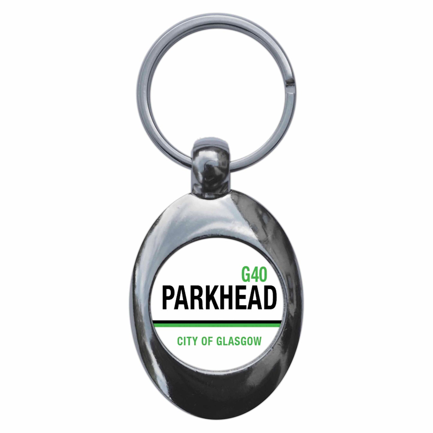 A picture of the front of the product, titled Parkhead G40 Glasgow Road Sign Metal Keyring With Trolley Coin