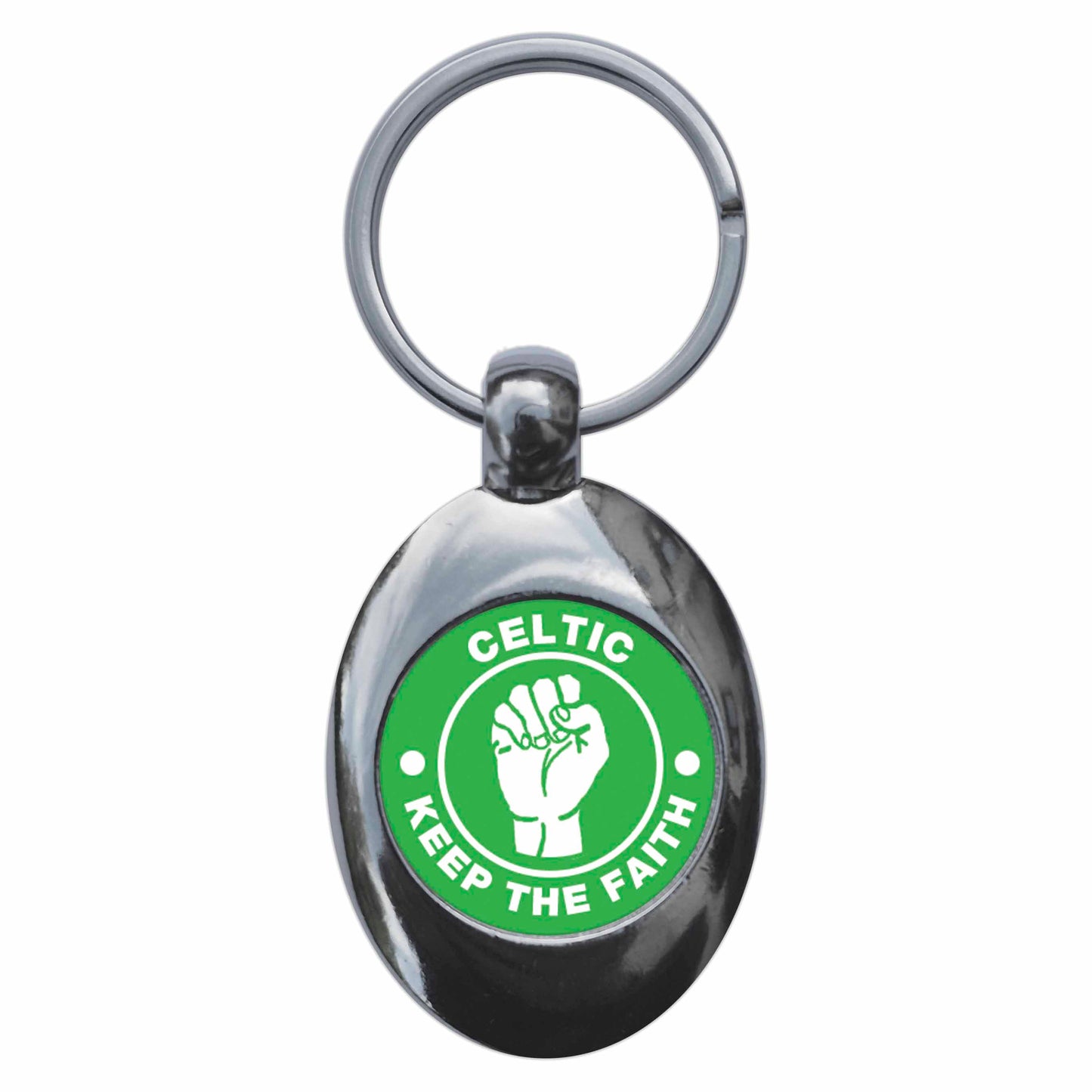 A picture of the front of the product, titled Celtic Keep The Faith Northern Soul Metal Keyring With Trolley Coin