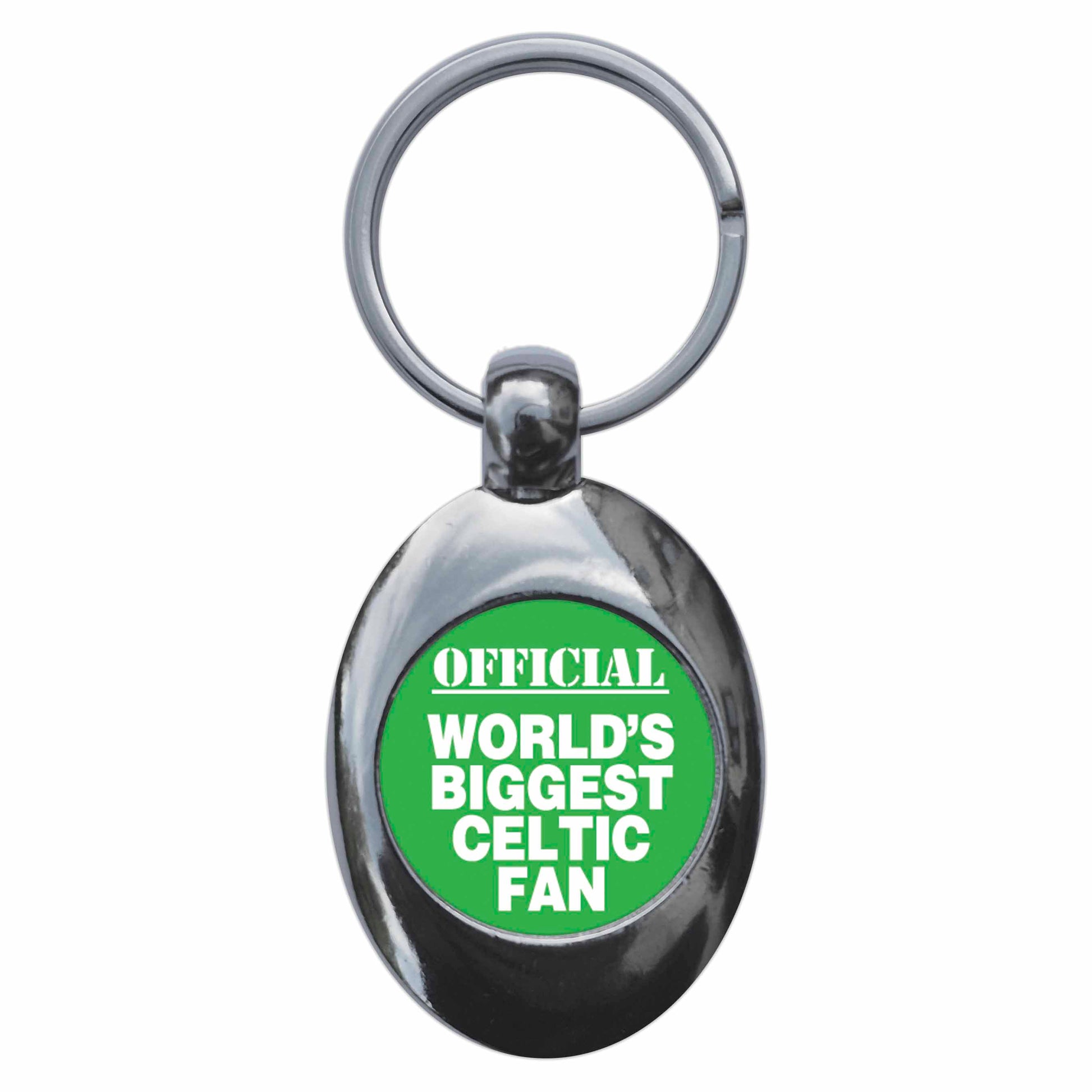 A picture of the front of the product, titled World's Biggest Celtic Fan Metal Keyring With Trolley Coin